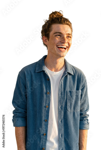 Man with Natural Vigor: A vibrant individual beams with radiant smile and relaxed composure, his unbound hair and casual apparel reflecting a sense of confident ease and approachability. 