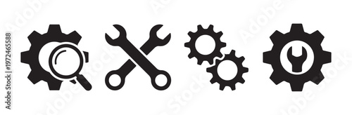 Obraz na płótnie Set of repair and settings icons, including magnifying glass with gear, wrenches, and interconnected gears