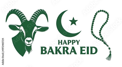 Happy bakra eid greeting with goat moon star and prayer beads flat design elements