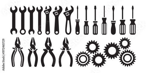Collection of tools including wrenches pliers screwdrivers and gears isolated on white background for repair and construction.