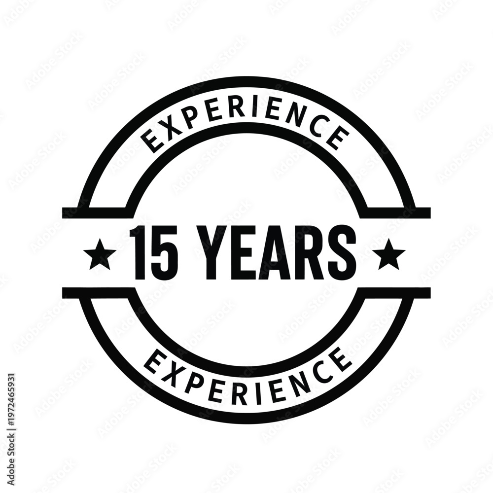 Fototapeta premium A circular badge proclaims fifteen years of experience featuring stars and bold typography in black high quality