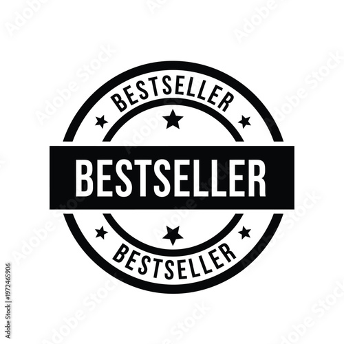 A black and white circular badge announces a product as a bestseller featuring repeating text high quality
