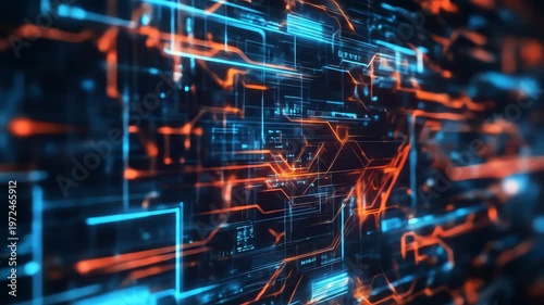 Abstract digital circuitry illuminated lines and data flow visualization