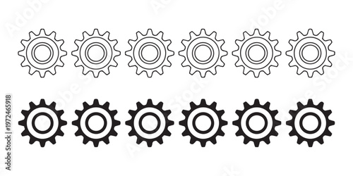 Six outline gears and six solid gears in two rows, isolated on white background for technical design.