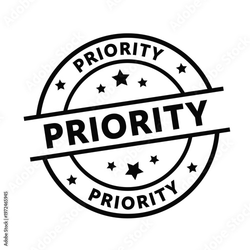 A black and white circular priority stamp with stars and bold text emphasizing importance high quality professional