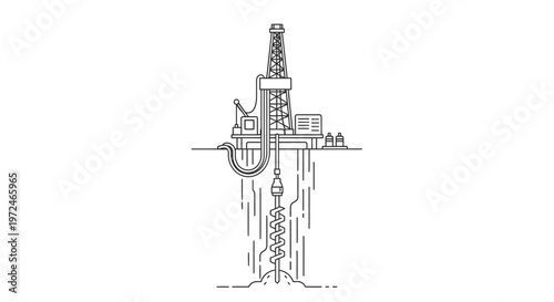 Oil drilling rig platform extracting resources from the earth, industrial concept illustration