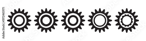 Group of five distinct gears with various inner structures and outer teeth, isolated on white background.