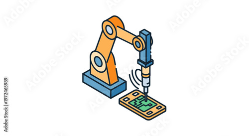 Industrial robotic arm precisely placing electronic components on a circuit board in a factory, modern automation concept