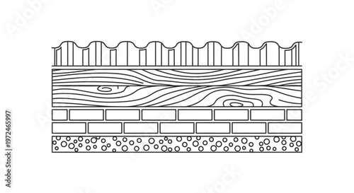 Building construction layers cross-section diagram: illustrating architectural components, materials like corrugated roof, wood, brick, and concrete foundation.