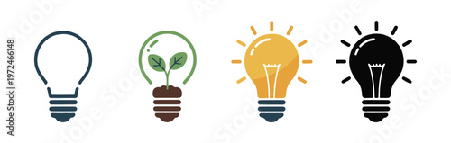 Collection of light bulb icons representing green energy ecology and creative thinking for sustainable ideas.