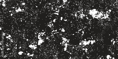 An elegant black and white vector background featuring a heavy distressed texture with artistic white splatters and rough grainy effects for premium vintage or industrial urban designs.