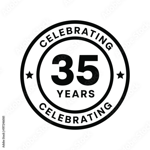 A circular black and white emblem proudly proclaims thirty five years of celebrating a significant milestone high quality professional detailed