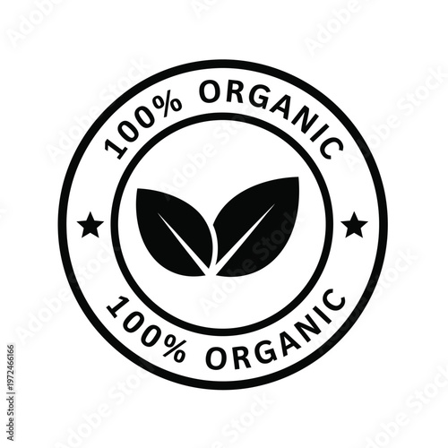 A circular black and white badge proclaims 100 organic with a leafy sprout illustration inside high quality