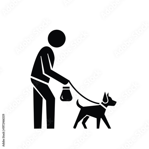 A simple black silhouette depicts a person walking a small dog on a leash carrying a bag