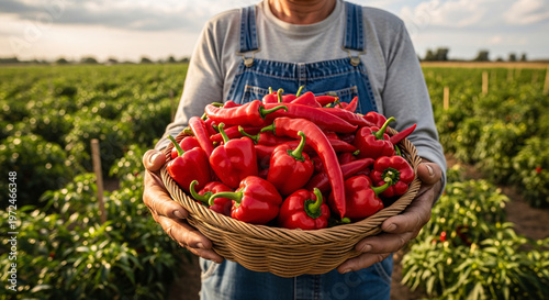 A farmer proudly holds a large woven basket overflowing with freshly harvested vibrant red peppers in a sunny agricultural field.