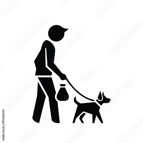 A silhouetted graphic depicts a person walking a dog while carrying a bag for waste disposal