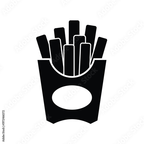A simple black and white graphic depicts a paper container full of golden crispy french fries