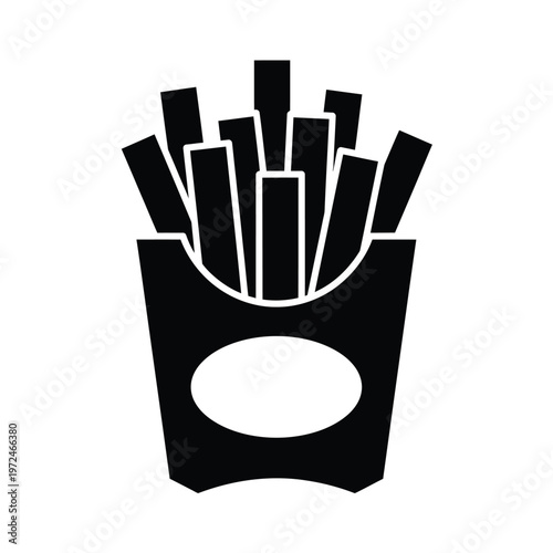 A simple black and white vector illustration depicts a portion of french fries in a paper container