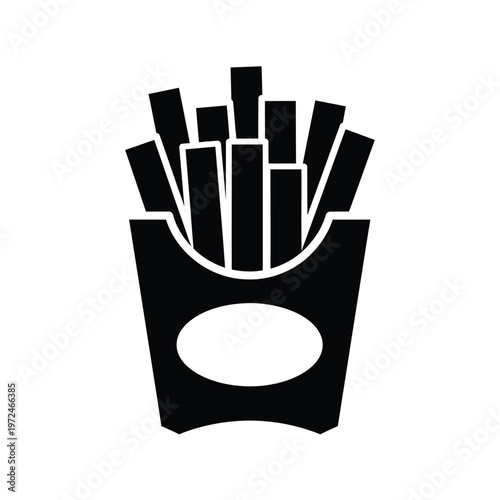 A simple black silhouette depicts a portion of french fries served in a paper container high quality
