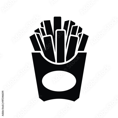 A simple black and white graphic depicts a portion of french fries served in a cardboard container