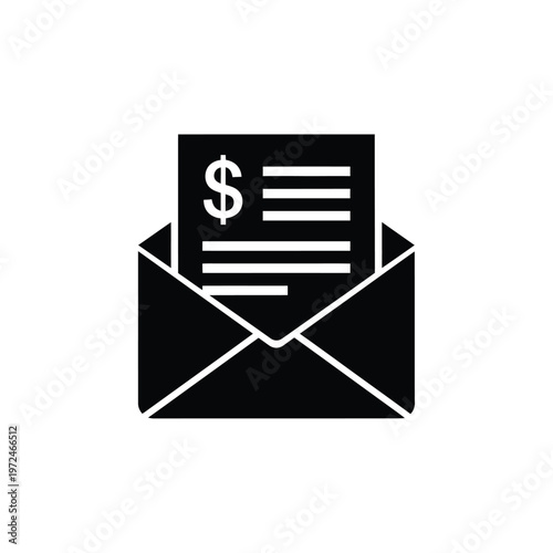 A simple black glyph depicting an open envelope containing a document with a dollar sign high quality
