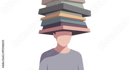 Man with heavy stack of blocks on head representing mental burden, information overload and burnout concept