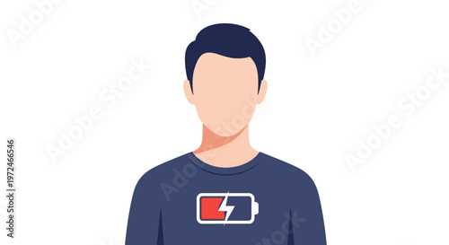 Burnout and Low Energy Concept Illustration, Man with Low Battery Symbol on Chest, Mental Exhaustion and Work Stress Professional Flat Vector.