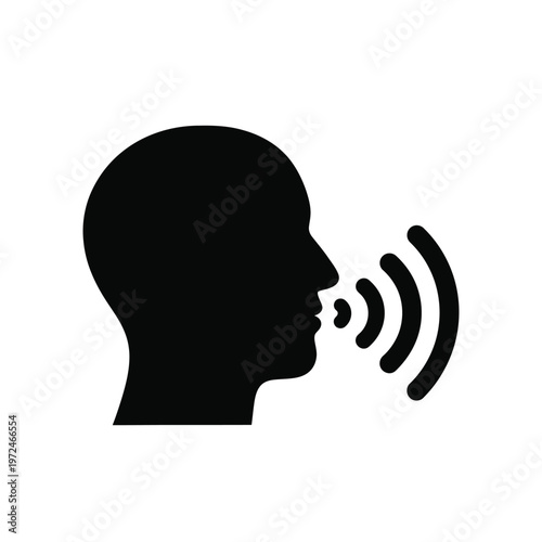 A simple black silhouette depicts a human head in profile speaking with sound waves emanating outwards
