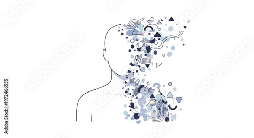 Mental Burnout and Stress Concept Illustration, Human Silhouette Dissolving into Abstract Geometric Elements, Psychological Exhaustion and Emotional Breakdown Flat Vector.