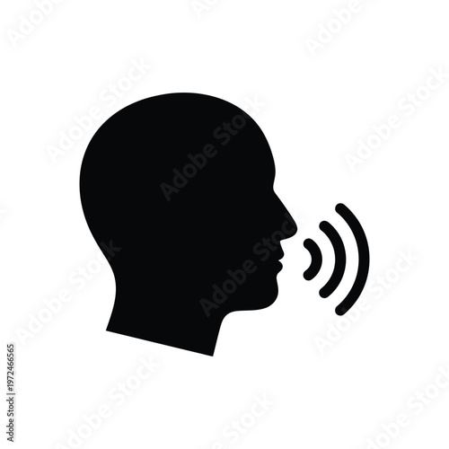 A simple black silhouette of a human head in profile appearing to be speaking or communicating