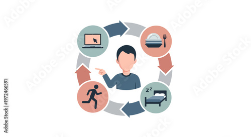 Daily Routine Concept Illustration of Man with Work Eat Sleep and Exercise Cycle in Flat Vector Style