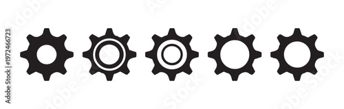 Group of black gear icons with different internal designs for industrial and mechanical themes.