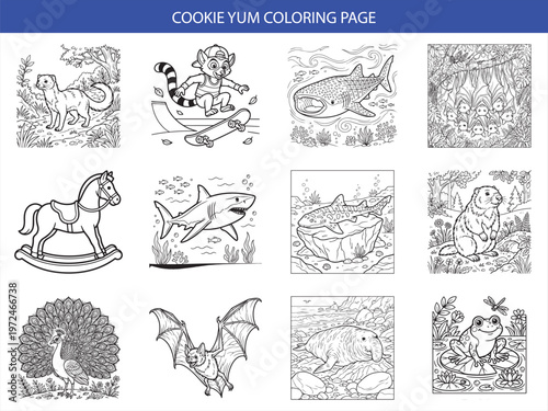 Fun animal collection coloring page for children featuring sharks and various critters in clean black and white vector lines
