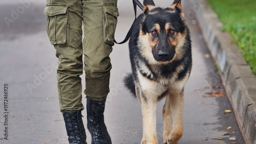 Quadro su tela German shepherd dog walking by handler in cargo pants and boots on duty patrol
