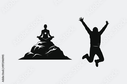 A black silhouette of a person meditating on a rock beside a person jumping with arms raised high