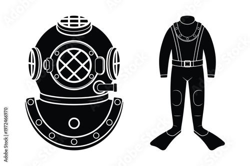 Vintage diving helmet and suit with fins vector illustration
