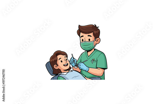 Dentist, dental care, cartoon illustration, medical vector, green scrubs