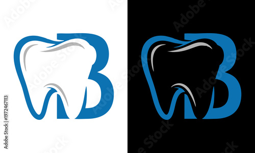Tooth logo design on white and black backgrounds with blue accents