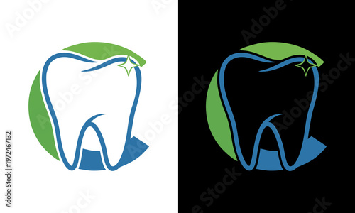 Tooth illustration with green circle on white and black background