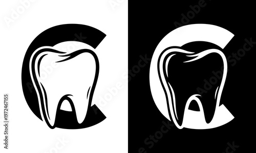 Illustrations of a tooth in a circle on white and black backgrounds