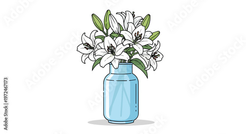 Beautiful White Lily Bouquet in a Blue Glass Vase Illustration