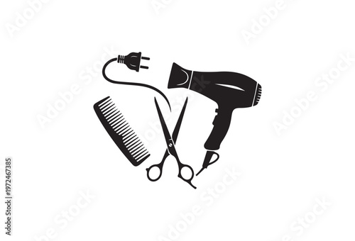 Hair styling tools, black icons, hairdryer, scissors, comb, vector graphics
