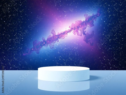 White podium on a reflective surface with a vibrant galaxy background