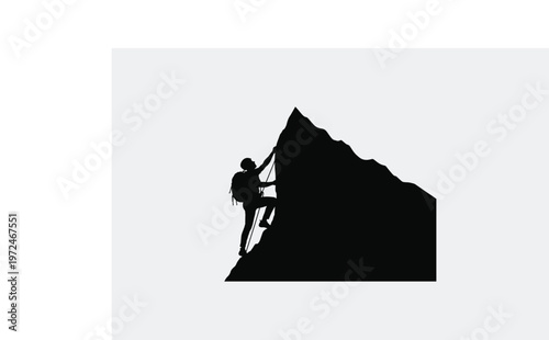 A black silhouette of a determined hiker climbing up a steep mountain peak against a grey sky.