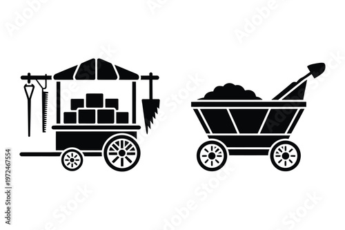 Market stall and cart with tools and soil icon set