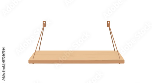 Minimalist Wooden Wall Shelf with Metal Brackets Isolated on White Background