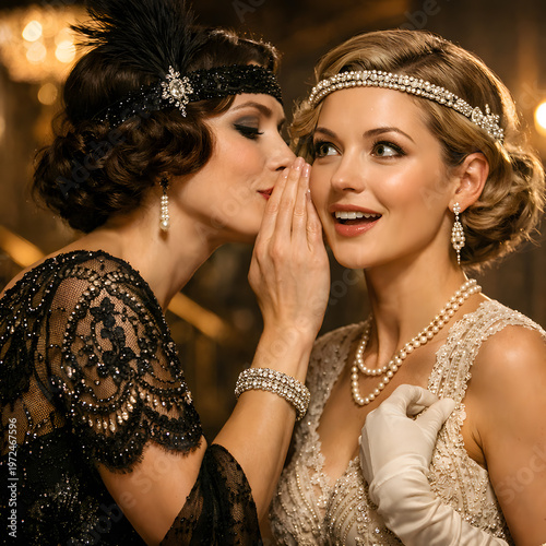 Sophisticated 1920s flapper women sharing a secret