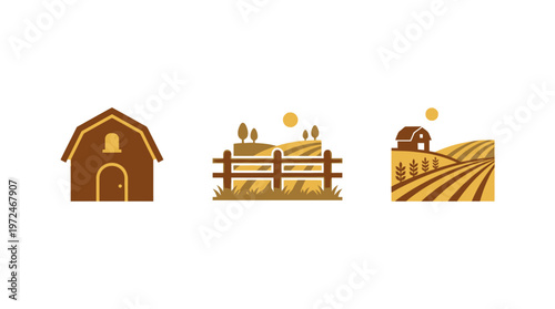 Farm Icons: Barn, Fields, Fence, Sun, Crops, Trees - Vector Set