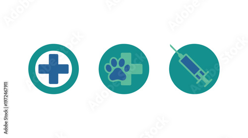 Veterinary Care Icons: Cross, Paw Print, and Syringe on White Background
