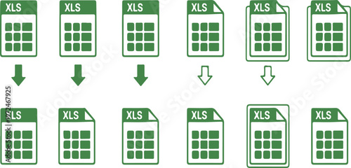 XLS file transformation: Visual representation of XLS file transformation process. Showing the workflow and data manipulation, perfect for illustrating data management, reporting and data analysis.